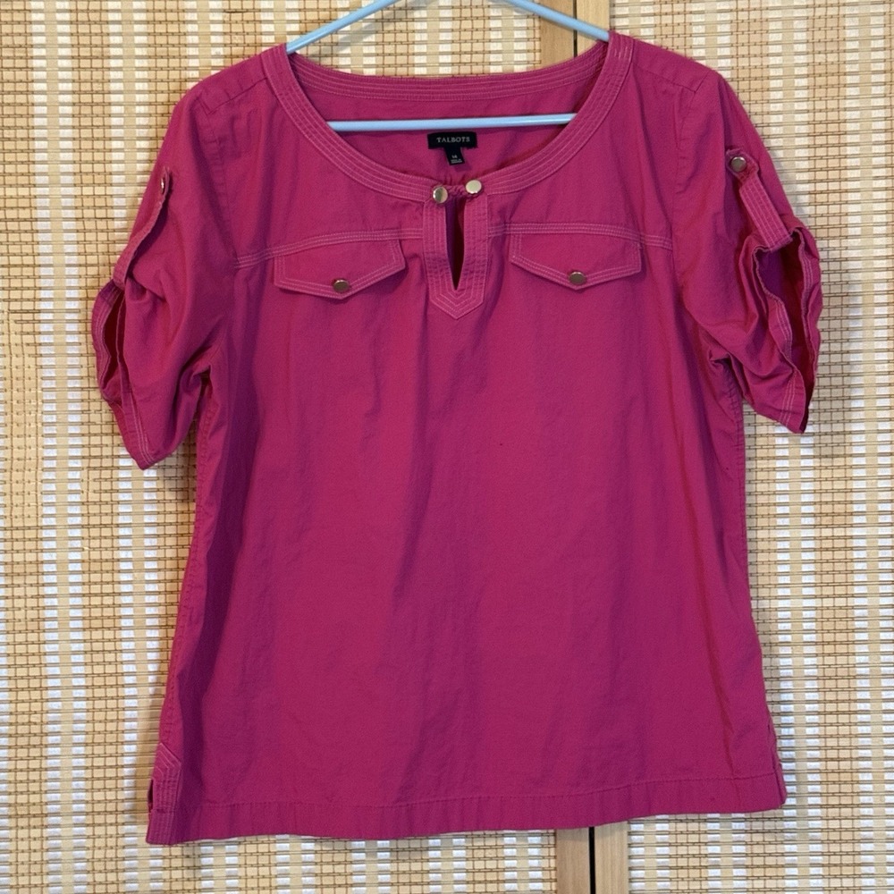 Talbots Womens 14 Short Sleeve Magenta Poplin Shirt Festival Vacation Casual